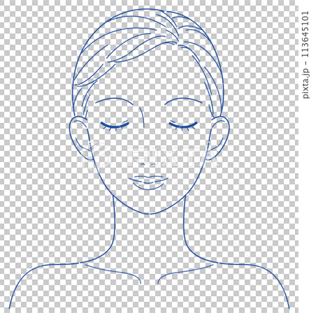 女性　顔　正面　目を閉じた　線画　加工用 113645101