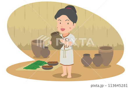 土器を持つ縄文時代の女性 土器を持つ縄文時代の女性 113645281