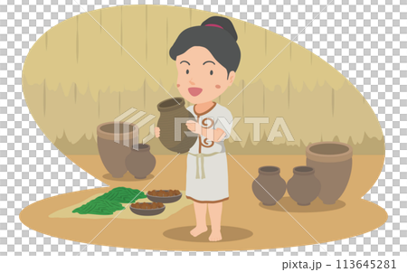 土器を持つ縄文時代の女性 土器を持つ縄文時代の女性 113645281