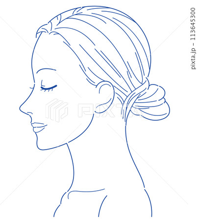 女性　顔　横顔　目を閉じた　線画　加工用 113645300