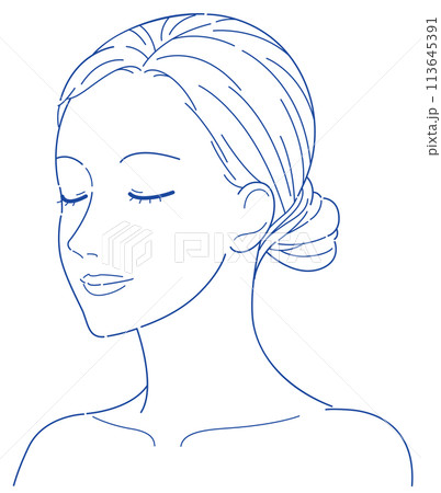 女性　顔　斜め顔　目を閉じた　線画　加工用 113645391