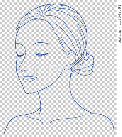 女性　顔　斜め顔　目を閉じた　線画　加工用 113645391
