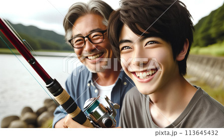 湖畔で祖父と釣りを楽しむ日本人の少年 113645432