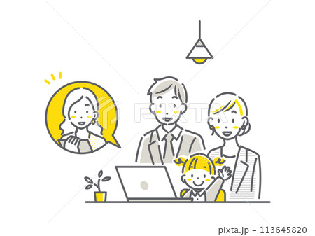 こどもと一緒に面接に参加する若い夫婦 シンプルでお洒落な線画イラスト こどもと一緒に面接に参加する若い夫婦 シンプルでお洒落な線画イラスト 113645820