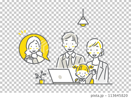 こどもと一緒に面接に参加する若い夫婦 シンプルでお洒落な線画イラスト こどもと一緒に面接に参加する若い夫婦 シンプルでお洒落な線画イラスト 113645820