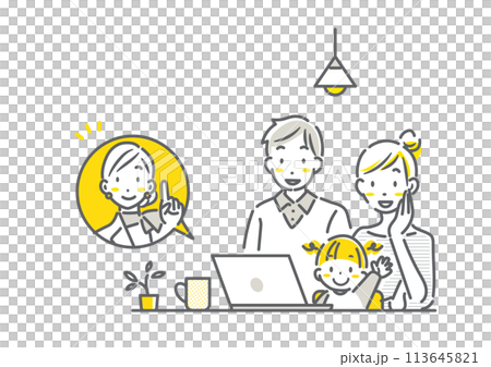 A young couple attending a webinar with their child. Simple and stylish line drawing illustration A young couple attending a webinar with their child. Simple and stylish line drawing illustration 113645821
