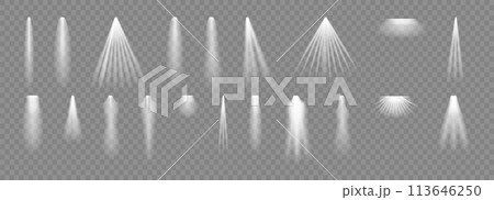 Spotlight. Light effect set. Glow white transparent light effect set lens flare glitter dust line sun flash. Spotlight. Light effect set. Glow white transparent light effect set lens flare glitter dust line sun flash. 113646250