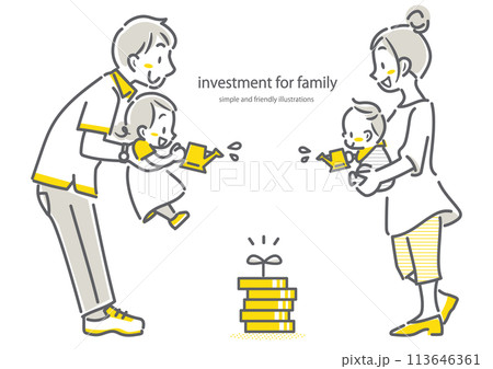 みんなで資産形成をする若い家族 シンプルでお洒落な線画イラスト みんなで資産形成をする若い家族 シンプルでお洒落な線画イラスト 113646361