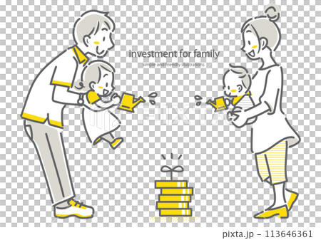みんなで資産形成をする若い家族 シンプルでお洒落な線画イラスト みんなで資産形成をする若い家族 シンプルでお洒落な線画イラスト 113646361