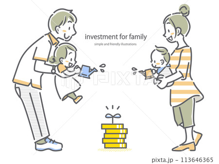 みんなで資産形成をする若い家族　シンプルでお洒落な線画イラスト 113646365