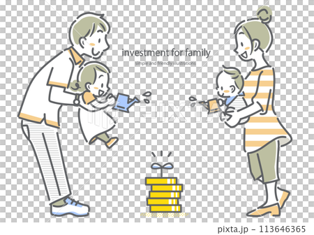 みんなで資産形成をする若い家族　シンプルでお洒落な線画イラスト 113646365