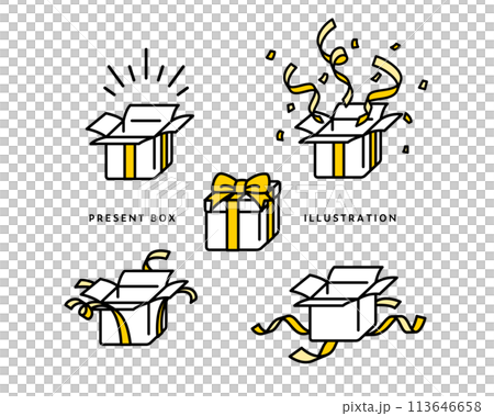 Illustration set of various gifts, simple, present, celebration, box, ribbon 113646658