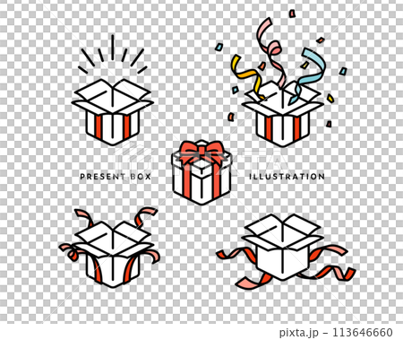 Illustration set of various gifts, simple, present, celebration, box, ribbon 113646660