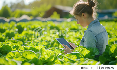 テクノロジーで野菜を管理する女性 agriculture and technology 113646670
