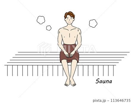 サウナ室でサウナを楽しんでいるサウナ好きの爽やかな男性 ととのう サウナ男子 シンプル イラスト サウナ室でサウナを楽しんでいるサウナ好きの爽やかな男性 ととのう サウナ男子 シンプル イラスト 113646735