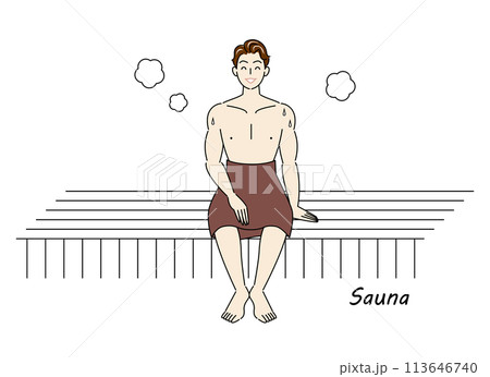 サウナ室でサウナを楽しんでいるサウナ好きの爽やかな男性 ととのう サウナ男子 シンプル イラスト 113646740