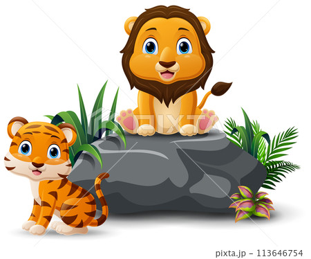 Cartoon baby lion and tiger sitting on the stone 113646754