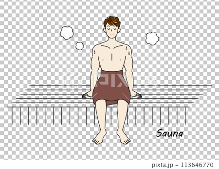 サウナ室でサウナを楽しんでいるサウナ好きの爽やかな男性 ととのう サウナ男子 シンプル イラスト 113646770