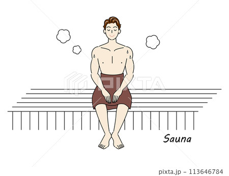 サウナ室でサウナを楽しんでいるサウナ好きの爽やかな男性 ととのう サウナ男子 シンプル イラスト サウナ室でサウナを楽しんでいるサウナ好きの爽やかな男性 ととのう サウナ男子 シンプル イラスト 113646784