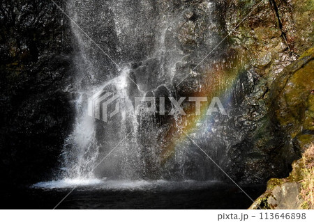 風に吹かれる滝と虹 113646898