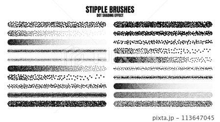 Stipple scatter brush, ink drawing and texturing. Fading gradient. Stippling, dotwork drawing, shading using dots. Halftone disintegration effect. White noise grainy texture. Vector illustration 113647045