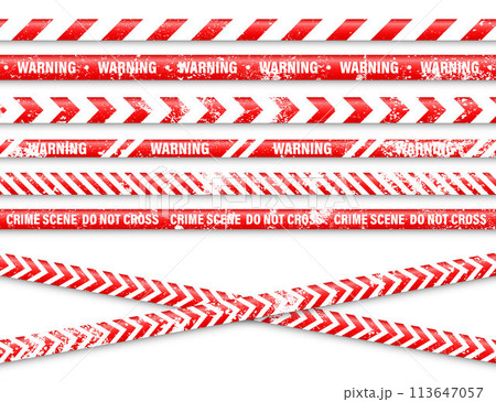 Old grunge barricade construction tape. Red police warning line, brightly colored danger or hazard stripe, ribbon. Restricted area, zone. Attention symbol. Vector illustration 113647057