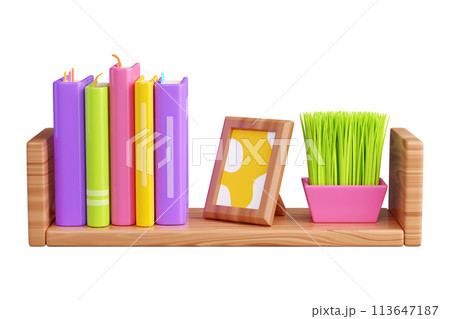 Book stack with hard cover standing and laying, and photo frame and plant in pot on wooden shelf. 3D render illustration of literature row on bookshelf with wood texture for reading and education. 113647187