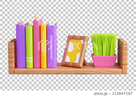 Book stack with hard cover standing and laying, and photo frame and plant in pot on wooden shelf. 3D render illustration of literature row on bookshelf with wood texture for reading and education. Book stack with hard cover standing and laying, and photo frame and plant in pot on wooden shelf. 3D render illustration of literature row on bookshelf with wood texture for reading and education. 113647187