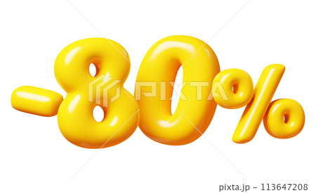 Balloon number minus eighty percent sign for sale concept. 3d render illustration of yellow plastic glossy discount typography -80. Cartoon bubble element percentage off for special offer promotion. Balloon number minus eighty percent sign for sale concept. 3d render illustration of yellow plastic glossy discount typography -80. Cartoon bubble element percentage off for special offer promotion. 113647208