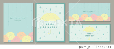 梅雨 傘 RAINY DAY 素材セット フレーム 背景 ベクターイラスト シンプル 113647234