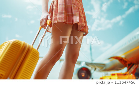Legs of young woman with suitcase Legs of young woman with suitcase 113647456