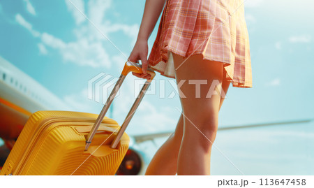 Legs of young woman with suitcase 113647458