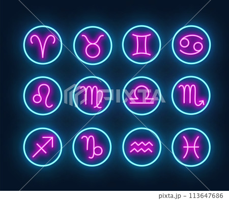 Neon Zodiac Signs Vector Set, Horoscope Symbols on Dark Background. 113647686