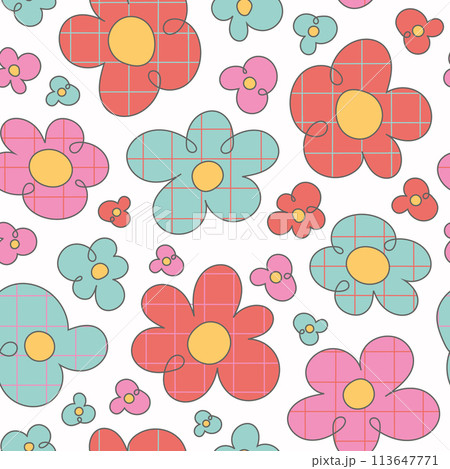 Retro 60s groovy childish seamless pattern background. Cartoon hippie style checkered flowers, hand drawn simple daisies. 113647771