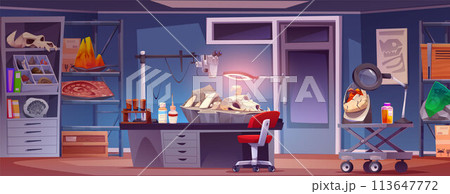 Archeology lab interior with fossils 113647772