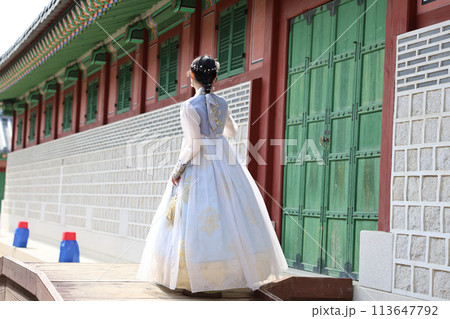 韓服・チマチョゴリ 20代女性 後ろ姿 韓服・チマチョゴリ 20代女性 後ろ姿 113647792