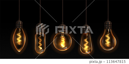 Vintage light bulbs set on transparent background 113647815