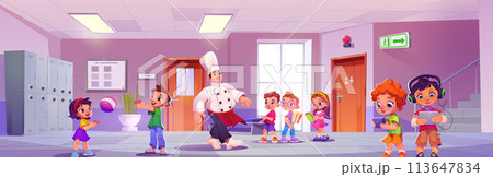 School hallway interior with kids and chef vector 113647834