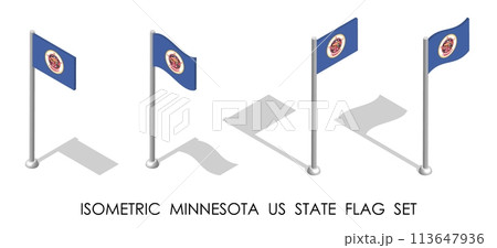 Isometric Minnesota US state in static position and in motion on flagpole. Minnesota map pin mark. 3d vector isolated on white background Isometric Minnesota US state in static position and in motion on flagpole. Minnesota map pin mark. 3d vector isolated on white background 113647936