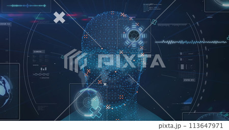 Image of spinning model of human head and data processing on interface 113647971
