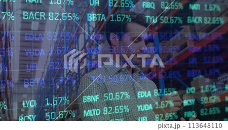 Image of stock market over caucasian worker in warehouse 113648110
