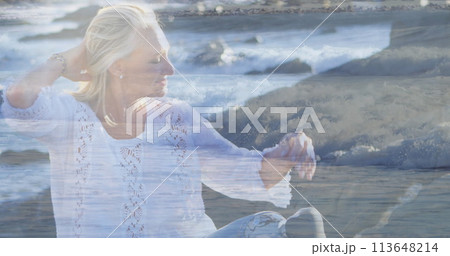 Image of sea landscape over disabled caucasian woman with artificial leg Image of sea landscape over disabled caucasian woman with artificial leg 113648214
