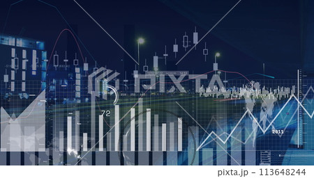 Image of financial data processing over cityscape 113648244