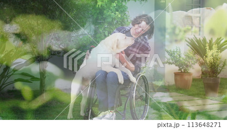 Image of grass over disabled caucasian man sitting in wheelchair with his dog Image of grass over disabled caucasian man sitting in wheelchair with his dog 113648271