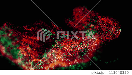 Image of moving glowing lights and waves over black background 113648330