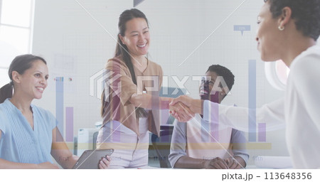 Image of financial data processing over diverse business people 113648356