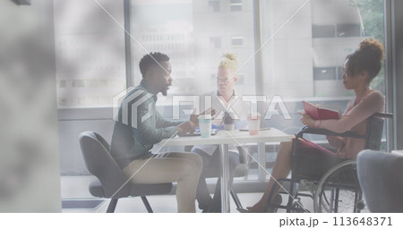 Image of globe over disabled african american woman with diverse business people Image of globe over disabled african american woman with diverse business people 113648371
