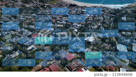 Image of financial data processing over cityscape Image of financial data processing over cityscape 113648606