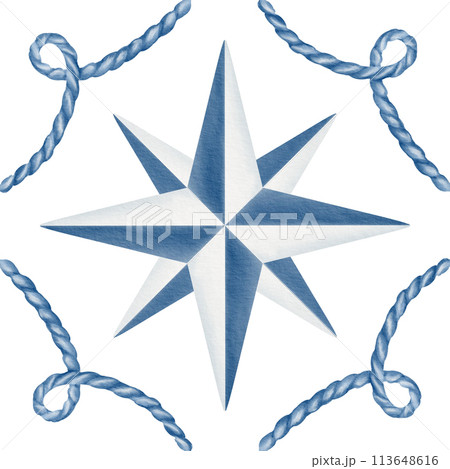 Wind Rose in symmetrical composition with a twisted nautical rope in blue and white,traditional for Portugal ceramic tiles.Watercolor illustration.For stickers,stationery,textiles. Wind Rose in symmetrical composition with a twisted nautical rope in blue and white,traditional for Portugal ceramic tiles.Watercolor illustration.For stickers,stationery,textiles. 113648616