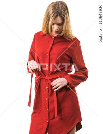 Female wearing casual red dress Female wearing casual red dress 113648930